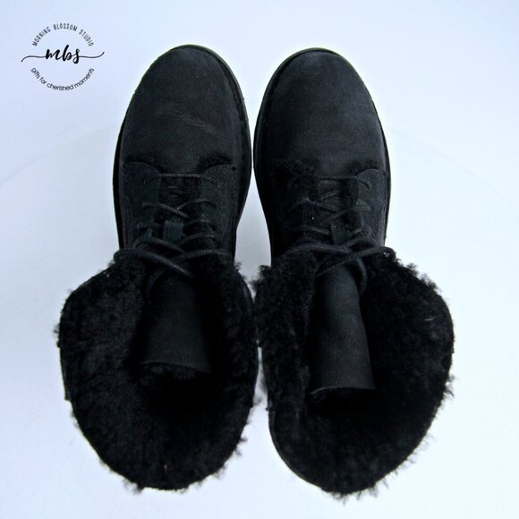 UGG Quincy Shearling Suede Lace Up Fold Over Short Boot Black Women 6.5 - Picture 13 of 16